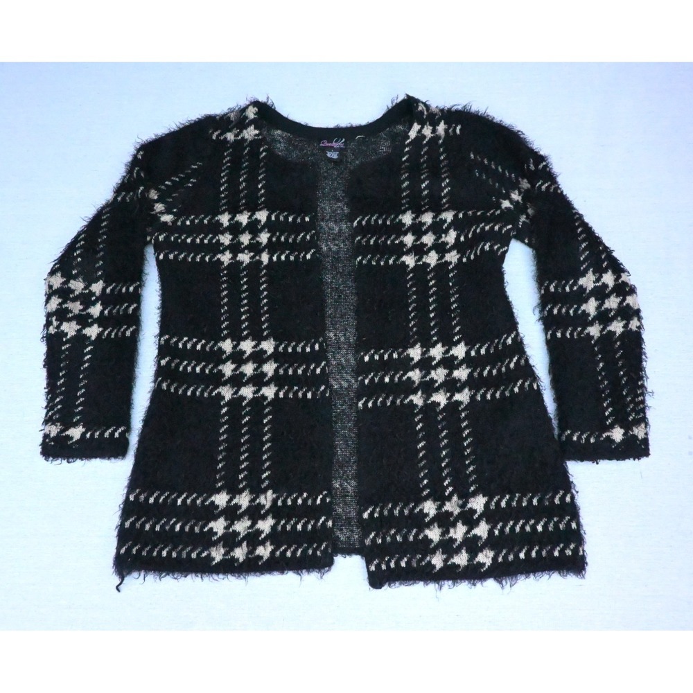 Questions by Say What Womens L Black Ivory Plaid Eyelash Knit Open Cardigan